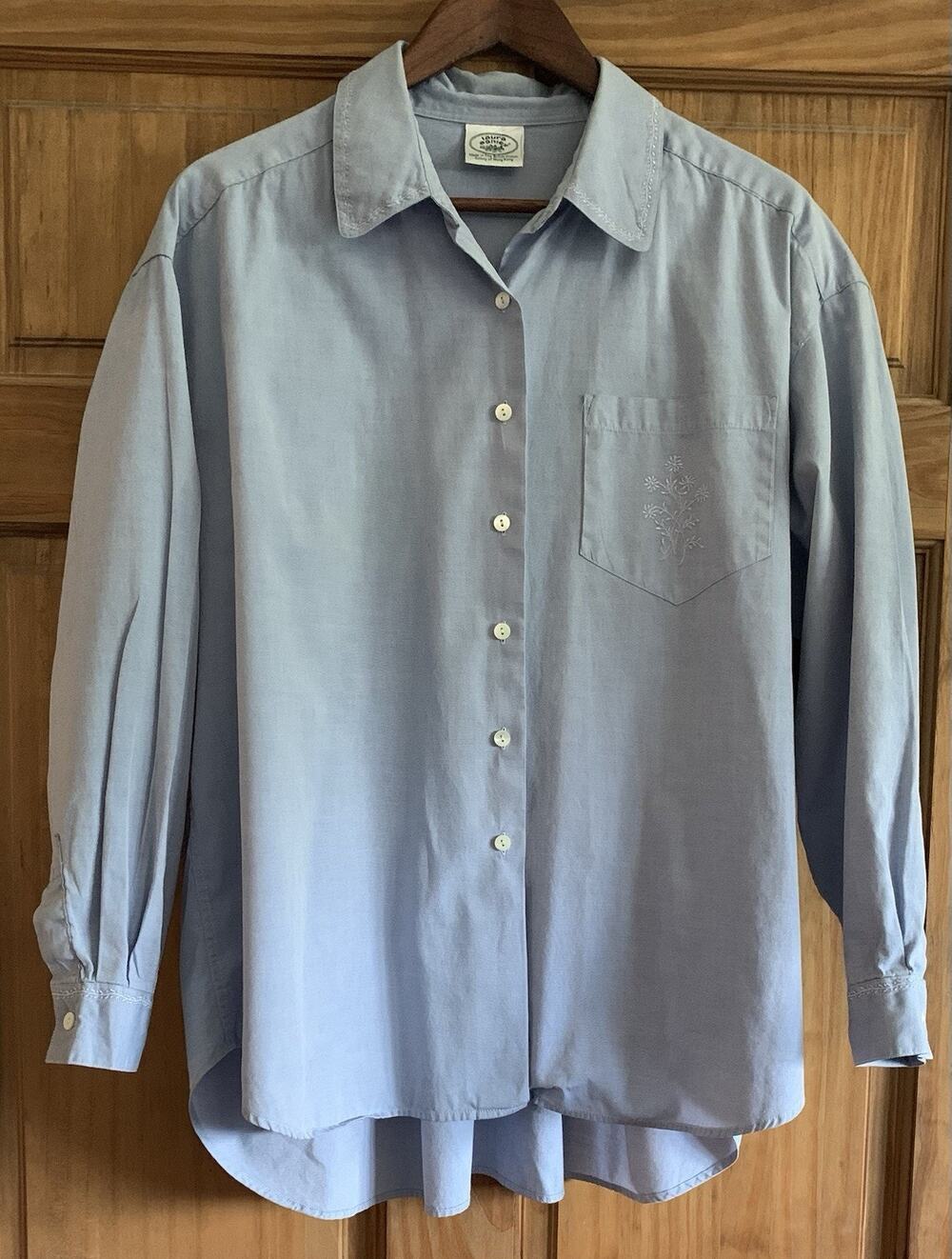 Vintage Laura Ashley Light Blue Embroidered Button Down Top Womens XL